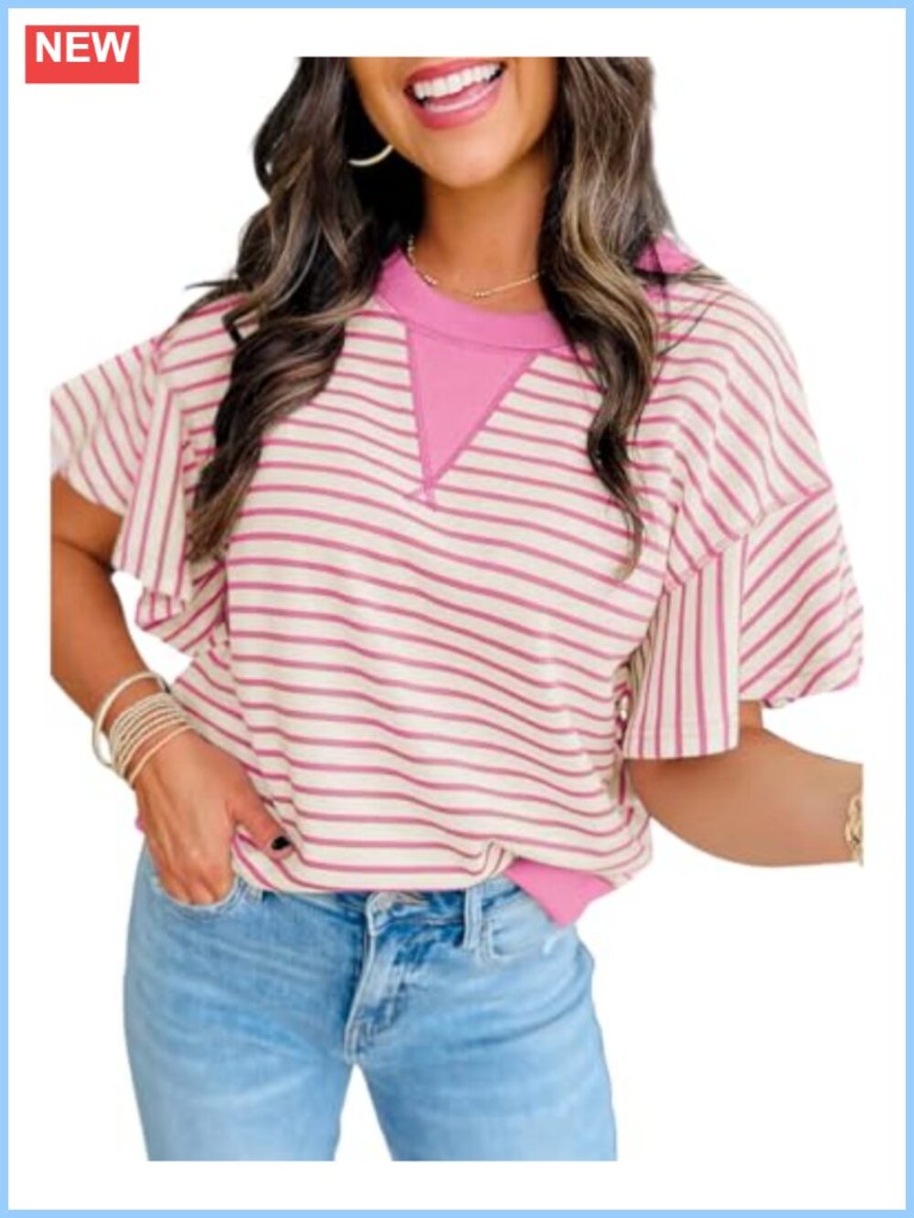 Women's Striped Ruffle Sleeve Blouse Loose Fit Contrast Color Block Cute Summer
